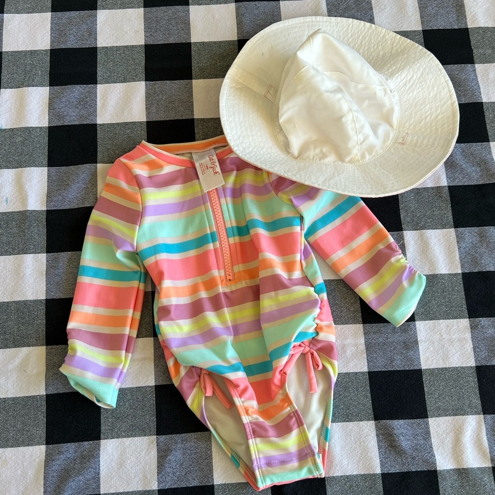 Colorful Striped Baby Swimsuit with White Sun Hat